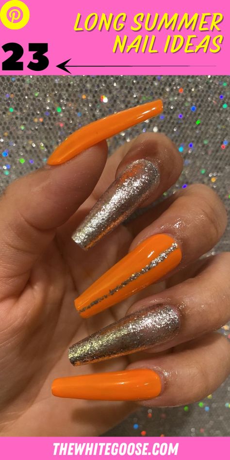 White Summer Nails 2023: 19 Trendy Ideas Orange Gold Nails, Orange Trendy Nails, Orange And Gold Nails, Baddie Almond Nails, Bright Orange Nails, Extra Nails, Lux Nails, Gold Acrylic Nails, Orange Nail Designs