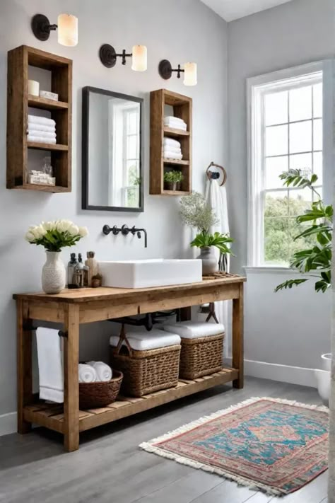 Open shelving for bathroom storage rustic aesthetic Diy Farmhouse Vanity, Diy Driftwood Decor, Open Bathroom Vanity, Open Concept Bathroom, Diy Open Shelving, Reclaimed Wood Bathroom Vanity, Modern Farmhouse Bathroom Ideas, 2024 Bathroom, Black And White Tiles Bathroom