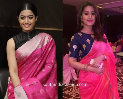 How to Wear Different Color Sarees With Contrast Blouses! Contrast Blouse For Pink Saree, Pink Colour Saree Contrast Blouse, Pink Sari With Contrast Blouse, Light Pink Saree Contrast Blouse, Pink Saree With Black Blouse, Rani Pink Saree Contrast Blouse, Pink Saree With Contrast Blouse, Dark Pink Saree Contrast Blouse, Pink Saree Contrast Blouse