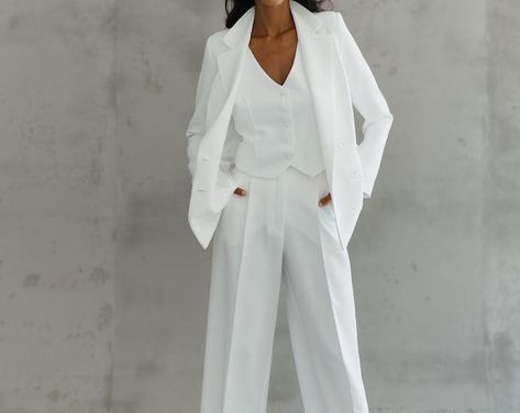 Bridal Satin Wedding Suit.wedding Women's Pantsuit.3-piece Pantsuit.fitted Jacket Vest and Palazzo Trousers Matching Set.off White Pant Suit - Etsy Canada Green Three Piece Suit, Pantsuit Women, Three Piece Suit Women's, White Pant Suit, Women's Pantsuit, Formal Pantsuit, Bridal Suit, White Pant, Dinner Suit