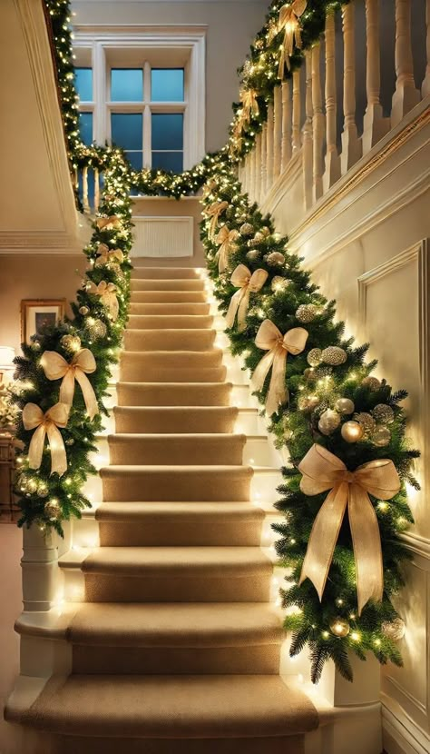 Stair Christmas Decor Ideas, Christmas Decor Ideas White And Gold, Stairs Christmas Decor Ideas, Christmas Stairs Decor, Stairway Decorating Christmas, Christmas Bannister, Decorated Stairs, Staircase Christmas Decor, Classy Christmas Decorations