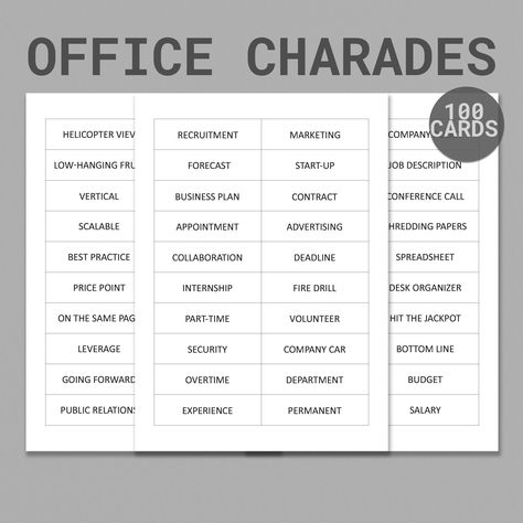 Printable Charades Game | Office Action Charades Cards | Work Group Game | Work Team Game for Staff | Group Acting Game | Team Building Game Work Celebration, Team Building Game, Acting Games, Charades Cards, Charades Game, Game Office, Verbal Communication, Team Building Games, Team Games