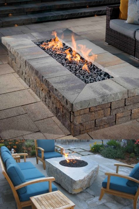 Rectangular Fire Pit Ideas Backyard, Rectangle Fire Pit Ideas Backyard, Rectangle Fire Pit Ideas, Fire Pit Off Patio, Fire Pit Near Pool, Ranch Backyard, Rectangle Gas Fire Pit, Diy Gas Fire Pit, Rectangle Fire Pit