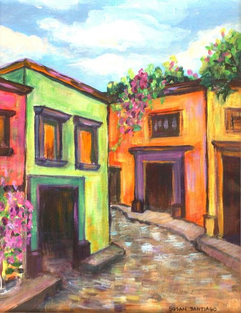 Mexican Town Painting, Mexican House Painting, Acrylic Painting Mexican Art, Mexican Village Art, Mexican Canvas Art, Simple Mexican Paintings, Spanish Paintings Easy, Mexican Acrylic Painting, Mexico Painting Easy