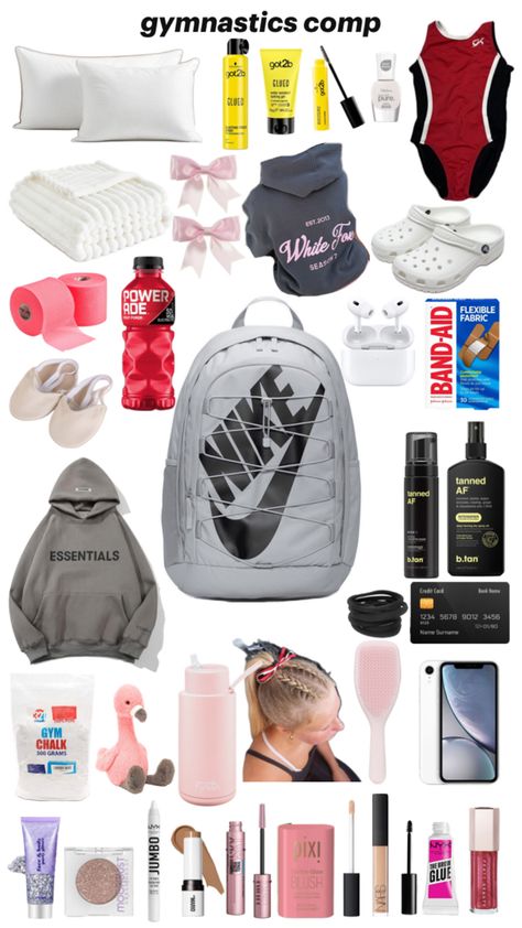 this is just some things i think would be nice to have at the comp or in the hotel or in the plane/car when your going there! this is not a accurate packing list or a propper gymnastics bag as far as i know💕. Sports Bag Essentials, Fairy Grunge Outfit, In The Plane, Gymnastics Bags, School Backpack Essentials, Cheer Routines, Preppy Vacation, Cheer Bag, Gymnastics Competition