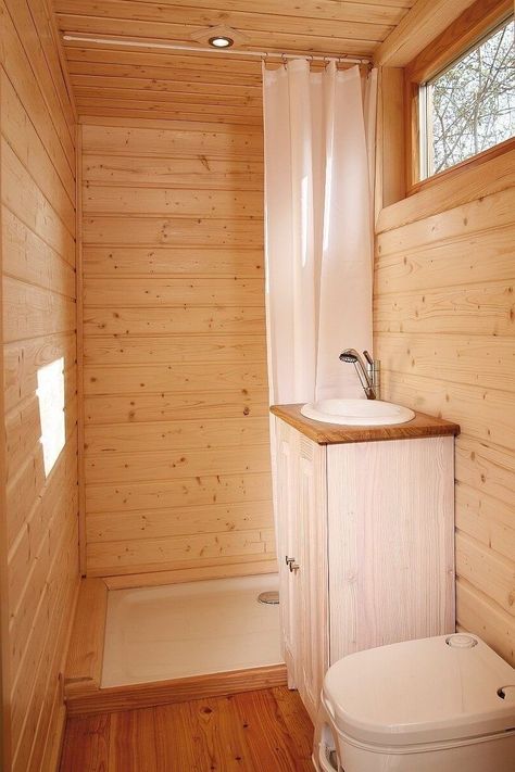 Outdoor Cabin Bathroom, Small Shed Bathroom Ideas, Tiny Cabin Bathroom Layout, Off The Grid Bathroom Ideas, Bathroom Shed Ideas, Tiny Home Shower Ideas, Shed House Bathroom, 12x32 Shed House Interior, Shed Bathroom Ideas