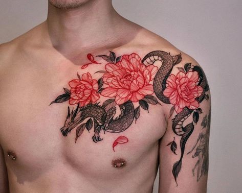 Dragon Floral Tattoo, Pec Tattoo Men, Dragon Chest Tattoo, Dragon Tattoo Chest, Forearm Cover Up Tattoos, Simple Tattoos For Guys, Forearm Band Tattoos, Dragon Sleeve Tattoos, 4 Tattoo