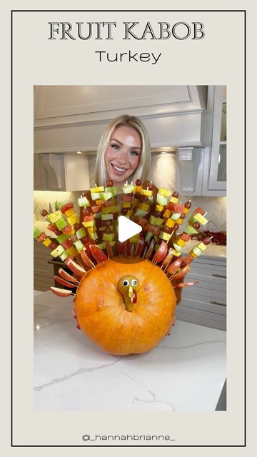 Hannah Brianne on Instagram: "🦃🍎 Fruit Kabob Turkey 🍎🦃 Would you try making this? It’s the perfect Thanksgiving appetizer and sure to wow everyone! Great for leftover pumpkins from Halloween! 

What you need:
- Large Pumpkin
- Skewers & Toothpicks 
- Pineapple
- Honeydew Melon 
- Watermelon 
- Grapes
- Apples 
- Cheddar Cheese
- Bosc Pear
- Googly Eyes 

#fruitkabobturkey #turkeycenterpiece 
#thanksgiving #thanksgivingappetizers #thanksgivingcheese #thanksgivingappetizer #thanksgivingideas #thanksgivingdinner #thanksgivingrecipe #thanksgivinghack #turkeypumpkin #fyp" Turkey Board Ideas, Fruit Turkey Kabobs, Pumpkin Skewers, Pumpkin With Fruit Skewers, Fruit Kabob Turkey, Turkey Fruit Display, Thanksgiving Turkey Fruit Platter, Pumpkin Turkey Fruit Kabobs, Turkey Fruit Platter Thanksgiving