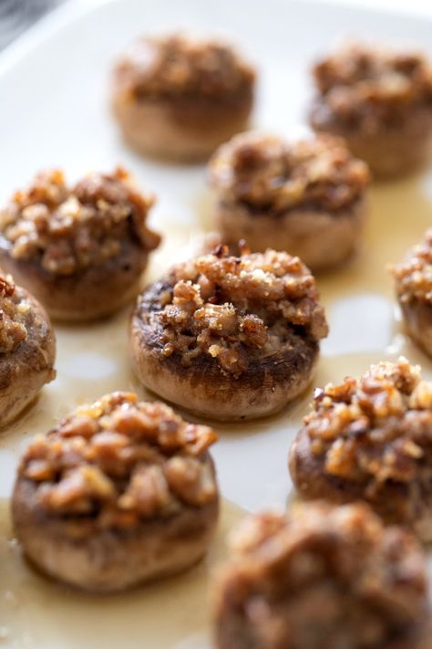 These effortlessly elegant Pork Stuffed Mushrooms will be devoured at any party. Tender mushroom caps are generously filled with savory pork, enriched with the warming spices of cinnamon and nutmeg, and a dose of toasted fennel seed for the perfect pre-dinner bite. Pork Stuffed Mushrooms, Baked Stuffed Mushrooms, Crockpot Apple Crisp, Appetizer Table, Cranberry Cheesecake, Dessert Waffles, Puff Pastry Filling, Creamy Crab, Stuffed Mushroom