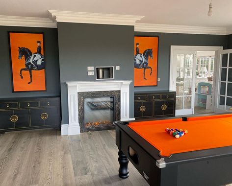 @somerford_manor shared a photo on Instagram: “🧡🖤 GAMES ROOM 🧡🖤 Still a work in progress but the pool table has arrived and is set up!! It’s the perfect shade of orange!!! 🧡 We have…” • Mar 26, 2021 at 11:58am UTC Pool Table Room Decor, Mid Century Pool, Pool Room Ideas, Shade Of Orange, Pool Table Room, Orange Games, Green Pool, Orange Rooms, Table Room