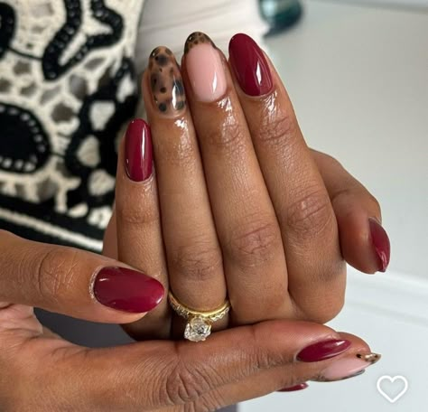 Dark Inspired Nails, Red Biab Nails Design, Gold Red Black Nails, Burgundy Leopard Print Nails, Leopard And Burgundy Nails, Red Mocha Nails, Red Birthday Nails Inspiration, Cheetah 8 Ball Nails, Red With Cheetah Print Nails