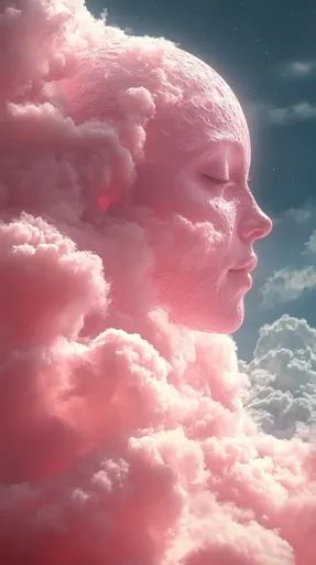 ↑↑↑ Larger size on website 🔸 A dreamy, surreal image of a woman's face formed out of fluffy, pink clouds against a backdrop of a Head In The Clouds Art, Ticket Design, Fluffy Clouds, Cloud Art, Color Corrector, Peace And Tranquility, Deep Relaxation, Pink Clouds, Art Creativity