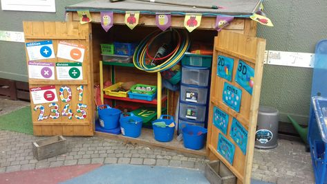 Outdoor maths shed Eyfs Outdoor Storage Ideas, Outdoor Eyfs, Outdoor Maths, Reception Maths, Outdoor Kindergarten, Eyfs Outdoor, Eyfs Outdoor Area, Reception Classroom, Outdoor Shed