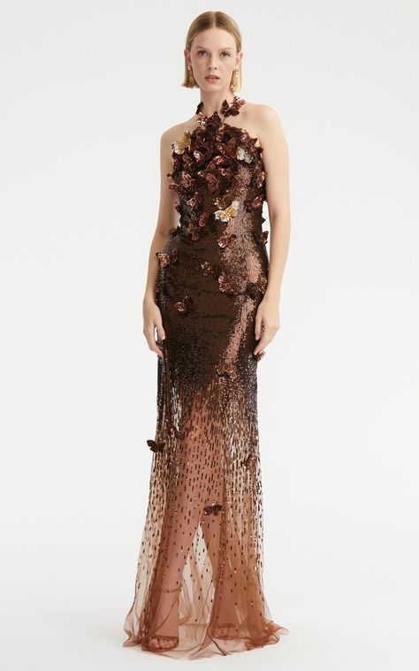 Halter Neck Bugle Bead & Butterfly Embr Gown By Oscar De La Renta | Moda Operandi Bead Butterfly, Debut Gowns, Smart Closet, Sequin Long Dress, Dress Smart, Auburn Brown, Fancy Gowns, Designer Evening Gowns, Royal Outfits