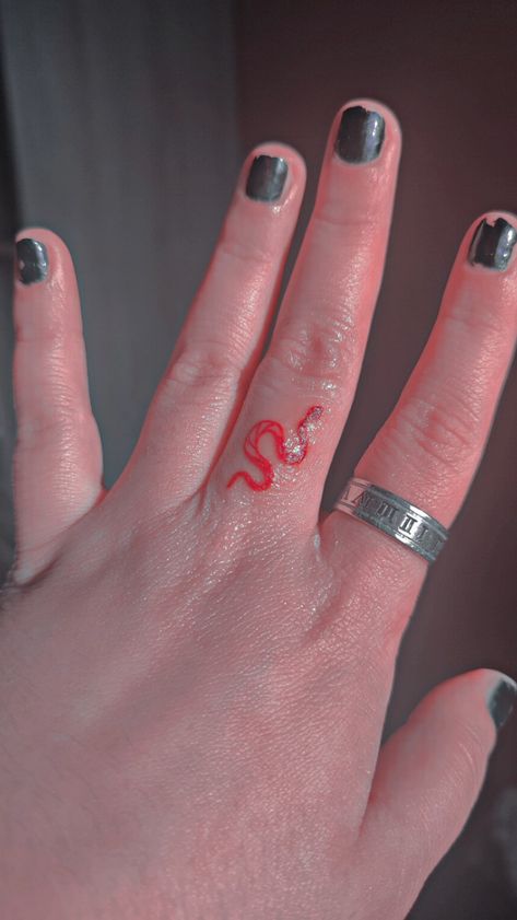 A picture if hand with a red snake middle finger tattoo, nails are painted black and there is a silver ring on a point finger Finger Tattoo Idea, Snake Finger Tattoo, Dark Witchy Aesthetic, Red Snake, Witchy Aesthetic, Finger Tattoo, Finger Tattoos, Tattoo Idea, Nail Inspo