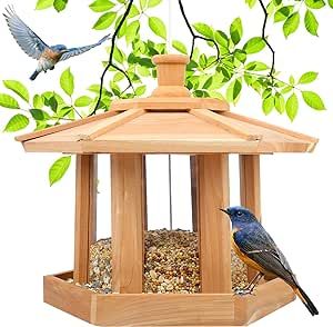 Liawm Wooden Bird Feeder for Outdoors Hanging, Red Cedar Hexagon Shaped Large Capacity, Cardinal Birdfeeder for Garden Decoration Yard, Weatherproof and Durable(Large) Wooden Bird Feeders, Hanging Bird Feeder, Black Oil Sunflower Seeds, Squirrel Feeder, Outside Garden, Wild Bird Feeders, Hanging Bird Feeders, Outside Decorations, How To Attract Birds