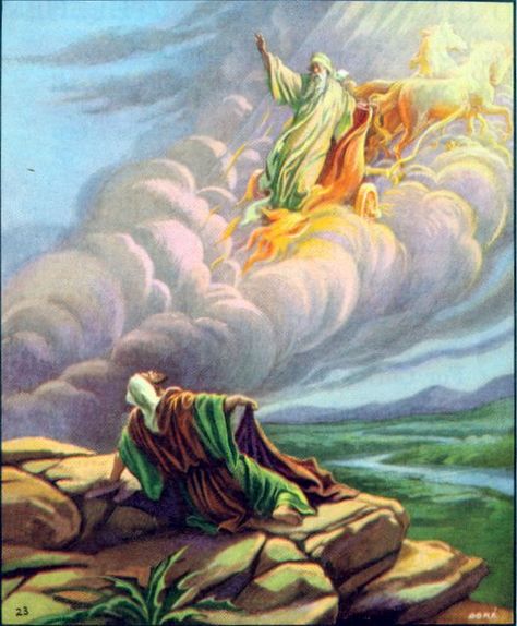 Elisha witnessed the ascent of Elijah into the heavens before becoming his successor. Elisha continued the works and miracles of Elijah for the remainder of his life; he continually prophesized to the kingdom of Israel about their future destruction and captivity. 2 Kings 2, Chariots Of Fire, Bible Images, Bible Illustrations, Bible Characters, Bible Pictures, Prophetic Art, Biblical Art, Jesus Pictures