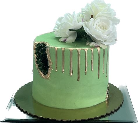 8inch round cake with gold drip, geode design and flowers Geode Cake, Gold Drip, Drip Cakes, Round Cakes, Sweet Cakes, Flower Cake, Green And Gold, Wedding Cakes, Cake