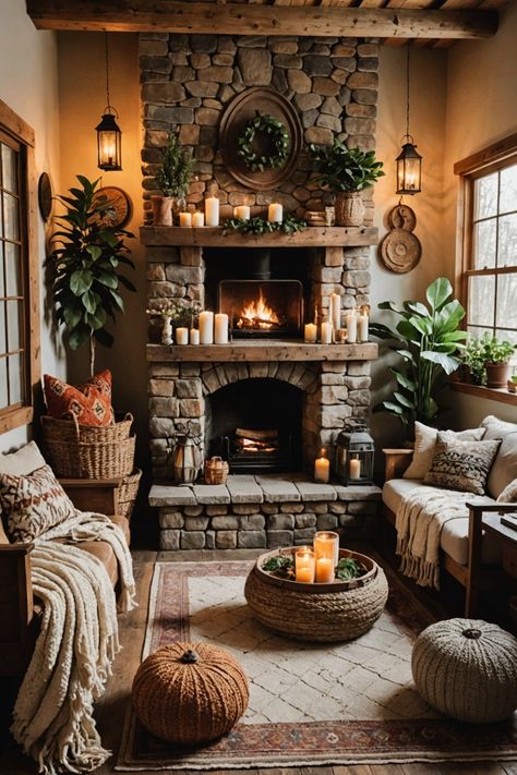 21 Bohemian Living Room Ideas – The Dear Lab Hobbit Living Room Ideas, Modern Cottagecore Living Room, Grey Couch Boho Living Room, Cozy Den Ideas, Enchanted Living Room, Ethereal Living Room, Boho Log Cabin, Natural Materials Interior, Boho Apartment Aesthetic