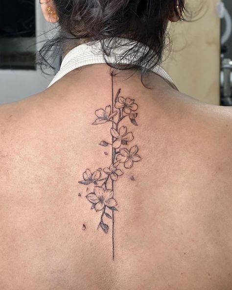 Jasmine Tree Tattoo, Jasmine Flower Back Tattoo, Jasmine Flower Spine Tattoo, Spine Tattoo Cherry Blossom, Star Jasmine Tattoo, Jasmine Vine Tattoo, Small Back Tattoo Ideas, Asian Flower Tattoo, Sampaguita Tattoo