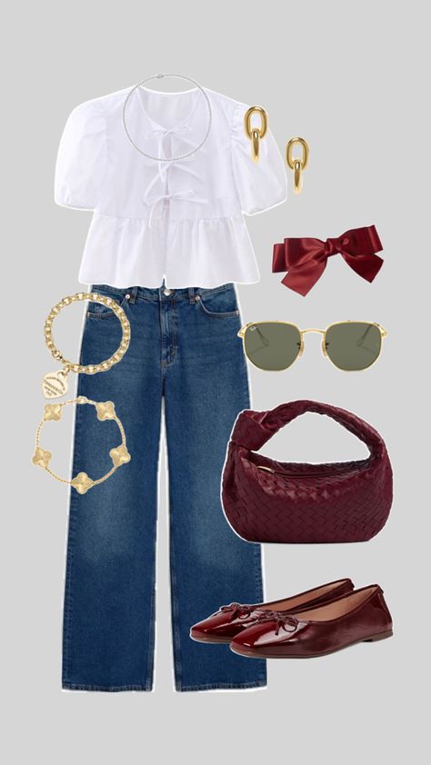 #bottegavenetta #jodie #tiffany&co #vancleef #vintagealhambra #balletflats #rayban #bows #maroon #aesthetic Tiffany Co Outfit, Maroon T Shirt Outfit, Cute Red Shirt Outfits, Summer 24 Outfit Ideas, Girly Outfits With Jeans, Bow Aesthetic Outfit, Business Casual Aesthetic Outfits, Tita Fits Ideas, Puff Sleeve Shirt Outfit