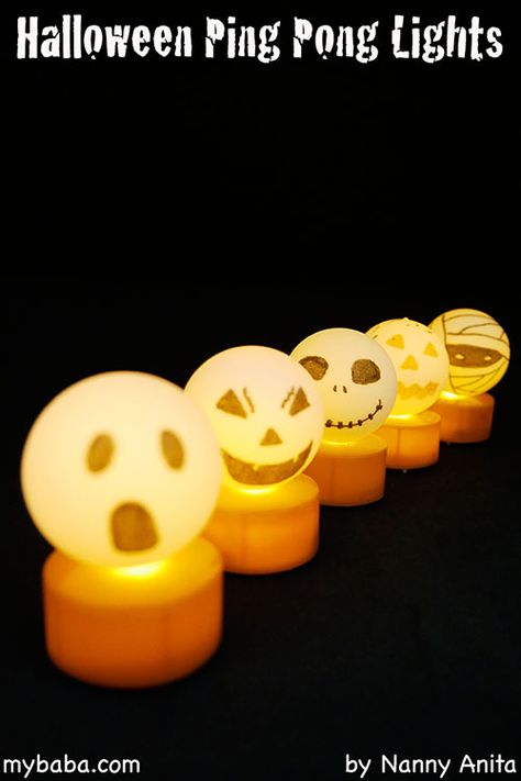 Halloween Ping Pong Lights | My Baba Halloween Crafts Teens, Halloween Games With Ping Pong Balls, Ping Pong Ball Crafts, Ping Pong Ball Tea Lights, Ping Pong Ball Lights, Tea Light Halloween Craft, Halloween Crafts For Teens, Ping Pong Ball Tea Light, Ping Pong Lights