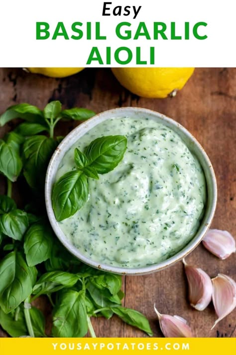 This traditional aioli recipe is mixed with the fresh garden taste of basil for a sauce that's perfect for sandwiches, salads, and more. Basil Aioli Recipe, Fries Pickles, Salmon Salads, Aioli Sauce Recipe, Aioli Recipes, Vegan Aioli, Herb Pesto, Garlic Aioli Sauce, Pesto Aioli