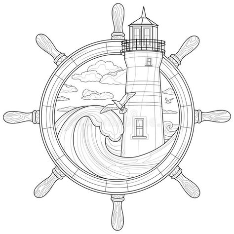 Lighthouse Coloring, Ship Wheel Tattoo, Lighthouse Crafts, Wheel Tattoo, Ship Wheel, Line Art Tattoos, Desenho Tattoo, Drawing Templates, The Lighthouse