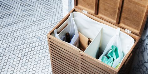 Learn how to turn a laundry hamper into an attractive and compact all-in-one dual trash recycle can with simple plastic hooks. Indoor Recycling Bins, Recycling Bin Storage, Recycling Bins Kitchen, Recycling Hacks, Recycling Storage, Recycling Station, Recycle Cans, Recycling Containers, Trash And Recycling Bin