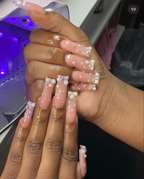 Pearl Acrylic Nails Coffin, Medium Bling Nails, Square Long Nails, Prom 2k24, Medium Nails, Nails Nude, Diy Acrylic Nails, Colored Acrylic Nails, Girly Acrylic Nails