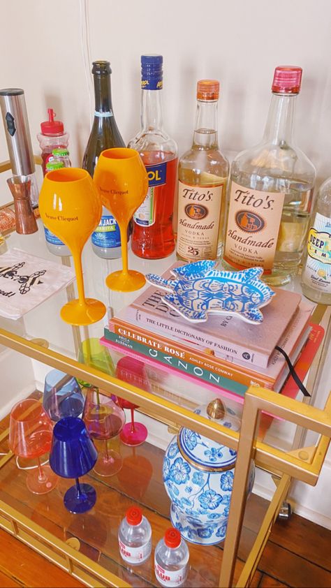 Bar Cart Blue And White, Bar Cart Preppy, Maximalist Bar Cart, Bar Cart Glasses, College Bar Cart Ideas, Fun Bar Cart, Estelle Glasses, Bar Cart Set Up, Bar Cart Ideas Apartments