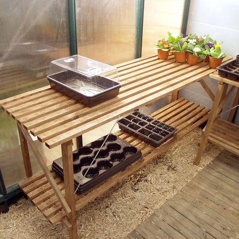 Trestle Staging Ideal for polytunnels and greenhouses Greenhouse Staging Diy, Greenhouse Staging Ideas, Stylish Greenhouse, Diy Greenhouse Shelves, Greenhouse Shelving, Greenhouse Tables, Greenhouse Staging, Greenhouse Benches, Greenhouse Shelves