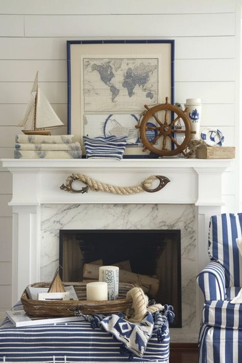 Summer Mantel Decorating Ideas, Summer Mantel, Mantle Ideas, Unique Interiors, Summer Mantle, Summer Mantle Decor, Blue Inspiration, Coastal Living Room, Refresh Your Home