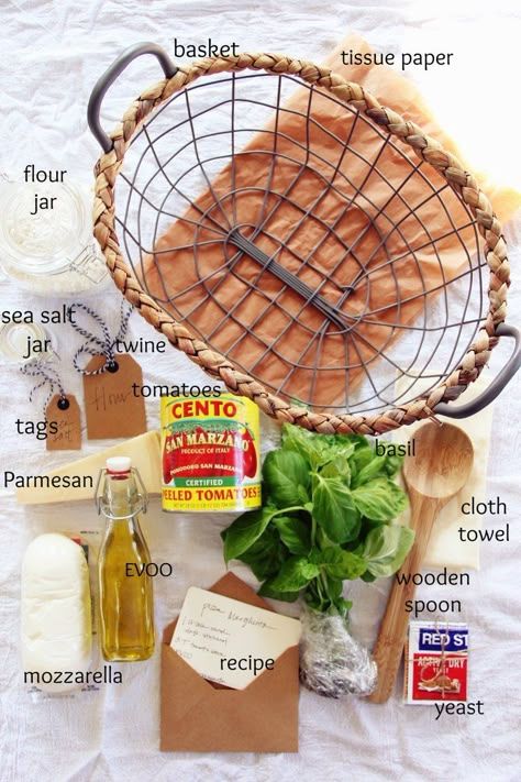 Dinner in a Gift Basket DIY: Margherita Pizza Night - The Pastiche Pasta Making Gift Basket, Pasta Themed Gift Basket, Italian Theme Gift Basket Ideas, Foodie Gift Basket, Pizza Gift Basket Ideas, Cooking Gift Basket Ideas, Pasta Gift Basket Ideas, Pizza Gift Basket, Pasta Gift Basket