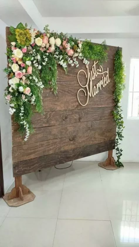 50+ Stunning Wedding Backdrop Design Ideas that are truly Enchanting | HubPages Wedding Backdrop With Names, Wood Backdrops For Wedding, Wooden Wall Wedding Backdrop, Wooden Backdrop With Flowers, Photo Backdrop Wall Ideas, Wood Party Backdrop, Backdrop Design Ideas, Wood Backdrop Wedding, Easter Photo Backdrop