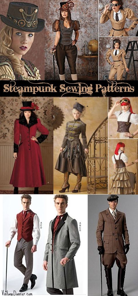 Steampunk Sewing Patterns - Women's, mens, plus size, dresses, hats, skirts, coats, tops Steampunk Clothing Male, Steampunk Clothing Diy, Plus Size Victorian, Sherlock Cosplay, Steampunk Sewing, Steampunk Outfits Women, Steampunk Fashion Women, Plus Size Steampunk, Steampunk Clothes