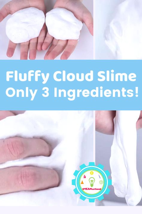 Fluffy Cloud Slime recipe using only 3 ingredients Slime Without Contact Solution, Slime Recipe Glue, Slime Cloud Dough, Cloud Slime Recipe, Fluffy Cloud Slime, Slime With Contact Solution, Borax Slime Recipe, Cloud Dough Recipes, Slime Cloud