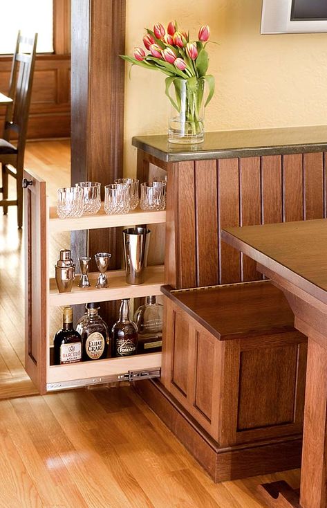 Mission Style Kitchens, Crown Point Cabinetry, Breakfast Nook Bench, Nook Bench, Craftsman Kitchen, Secret Storage, Kitchen Benches, Kitchen Nook, Dining Nook