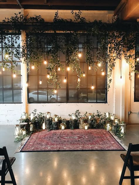 Boho Wedding Ceremony, Wedding Alters, Indoor Wedding Ceremonies, Wedding Ceremony Arch, String Lights Wedding, Loft Wedding, Wedding Ceremony Backdrop, Ceremony Arch, Natural Wedding