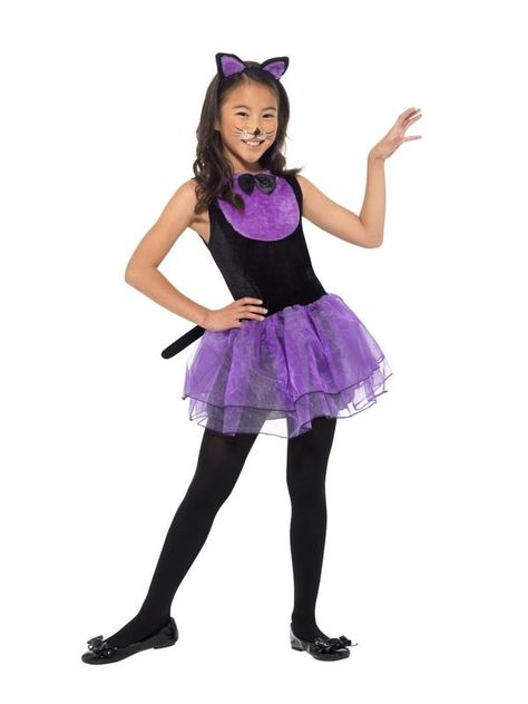 Cat Girl Costume, Cat Costume Kids, Fancy Dress Costumes Kids, Purple Tutu Dress, Tutu Dress Costumes, Black Cat Costumes, Purple And Black Dress, Frilly Skirt, Girls Fancy Dress