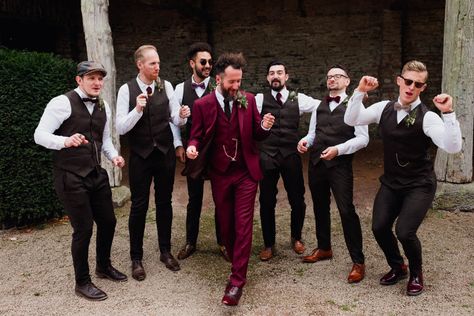 Outdoor Wedding at Dewsall Court with Dreamcatchers & Rue de Seine Gown Maroon Groomsmen Attire, Groom In Burgundy, Winter Wedding Groom, Wedding Groom And Groomsmen, Boho Wedding Groomsmen, Wedding Wallpaper, Wedding Groomsmen Attire, Groom Wedding Attire, Maroon Wedding