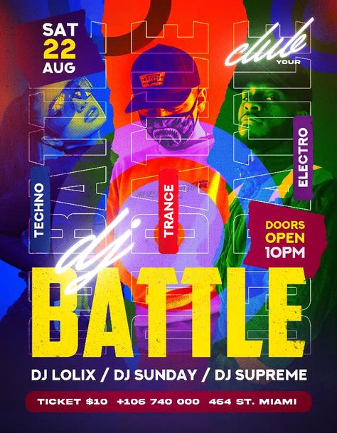 Download the Free DJ Battle Flyer Template for Photoshop! Dj Battle, Free Flyer Design, Dj Events, Free Psd Flyer Templates, Free Psd Flyer, Psd Flyer Templates, Psd Flyer, Professional Event, Party Flyer