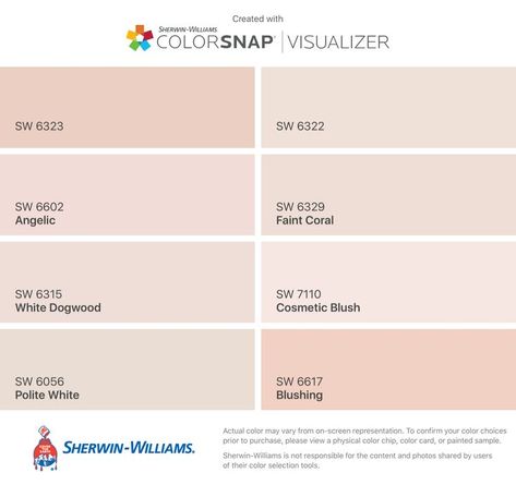 I found these colors with ColorSnap® Visualizer for iPhone by Sherwin-Williams: Romance (SW 6323), Angelic (SW 6602), White Dogwood (SW 6315), Polite White (SW 6056), Intimate White (SW 6322), Faint Coral (SW 6329), Cosmetic Blush (SW 7110), Blushing (SW 6617). Silver Peony Sherwin Williams, Classic French Gray Sherwin Williams, French Gray Sherwin Williams, Sherwin Williams Living Room, Bedroom Extension, Gray Sherwin Williams, Pink Paint Colors, Living Room Classic, French Gray