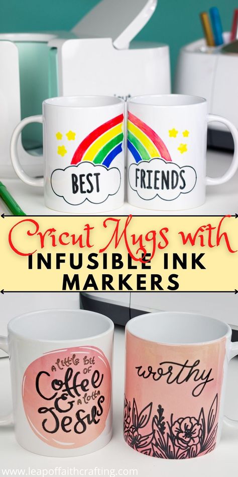 Learn how to use Cricut Infusible Ink markers to create unique personalized DIY dishwasher safe mugs including a Best Friends mugs set and religious mugs. #cricut #mugs Unique Coffee Mugs Cricut, Mug Design Ideas Creative, Sublimation Mugs Ideas, Infusible Ink Markers Cricut, Mug Ideas Design, Cricut Mug Ideas, Infusible Ink Mugs Ideas, Cricut Mug Press Ideas, Coffee Mugs Diy