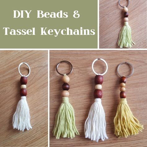 Diy Wooden Bead Tassel Keychain, Wooden Bead Keychain Ideas, Diy Tassel Bag Charm, Bead Tassels Diy, Wood Bead Keychain Diy, Handmade Keychains Diy Gift Ideas, How To Make Beaded Keychains, Diy Keychains To Sell, Cute Keychain Ideas