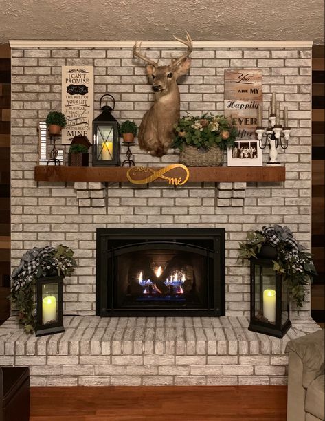 Fireplace Mantle Decor With Deer Head, Deer Head Above Fireplace, Deer Mount Over Fireplace, Decorating With Deer Mounts, Mantle Decorating Ideas Everyday, Neutral Fireplace, Fireplace Mantle Decorations, Whitewashed Fireplace, Future House Bedroom