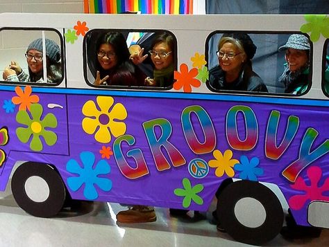 70s Theme Parade Float, Vw Bus Photo Prop, 70s Parade Float, 50th Birthday 70s Theme, 70s Float Parade, 70s Parade Float Ideas, 60s Party Decorations Diy, Groovy Parade Float Ideas, 60s Party Decorations