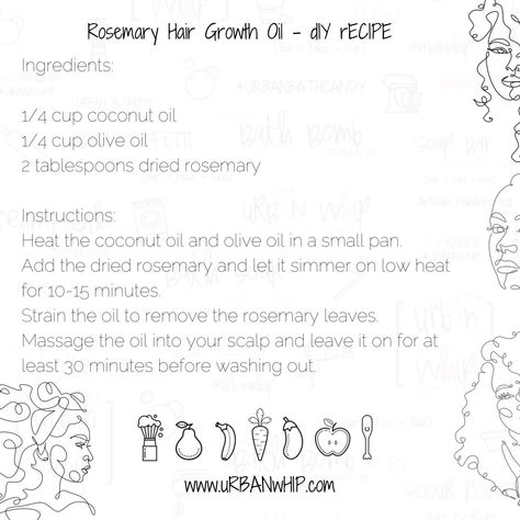 🌿 DIY Rosemary Hair Growth Oil 🌿 Boost your hair growth naturally with this nourishing Rosemary Hair Growth Oil! 🌟 Ingredients: 1/4 cup coconut oil 1/4 cup olive oil 2 tablespoons dried rosemary Instructions: 1️⃣ Heat the coconut oil and olive oil in a small pan. 2️⃣ Add the dried rosemary and let it simmer on low heat for 10-15 minutes. 3️⃣ Strain the oil to remove the rosemary leaves. 4️⃣ Massage the oil into your scalp and leave it on for at least 30 minutes before washing out. #DIYHai... Rosemary Hair Growth Oil, Hair Growth Naturally, Rosemary Hair Growth, Rosemary Hair, Dried Rosemary, Rosemary Leaves, How To Dry Rosemary, Diy Hair Care, Natural Haircare