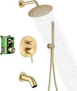 SUMERAIN Shower System with Tub Spout and Handheld Shower, Brass Rain Shower Tub Set with 8 Inches Shower Head and Rough in Valve Brushed Gold Gold Shower Fixtures, Rain Shower System, Bathroom Shower Faucets, Gold Shower, Shower Fixtures, Brass Shower, Shower Faucet Sets, Tub Spout, Rainfall Shower