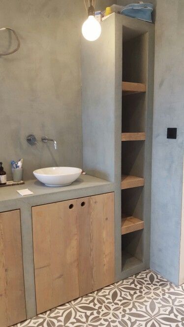 Cement Interior, Cement Bathroom, Bathroom Sink Bowls, Concrete Bathroom, Concrete Sink, Bad Inspiration, Concrete Kitchen, White Sink, Trendy Bathroom